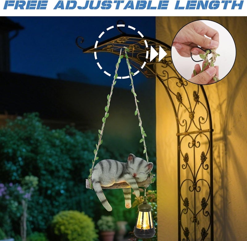ZaaYee Solar Lighted Garden Outdoor Statue, 22.6" H Hanging Swing Lying with A Sleeping Cat and A LED Lantern, Resin Animal Figurine Hanging Ornaments with Hook for Decoration & Gift - Image 5